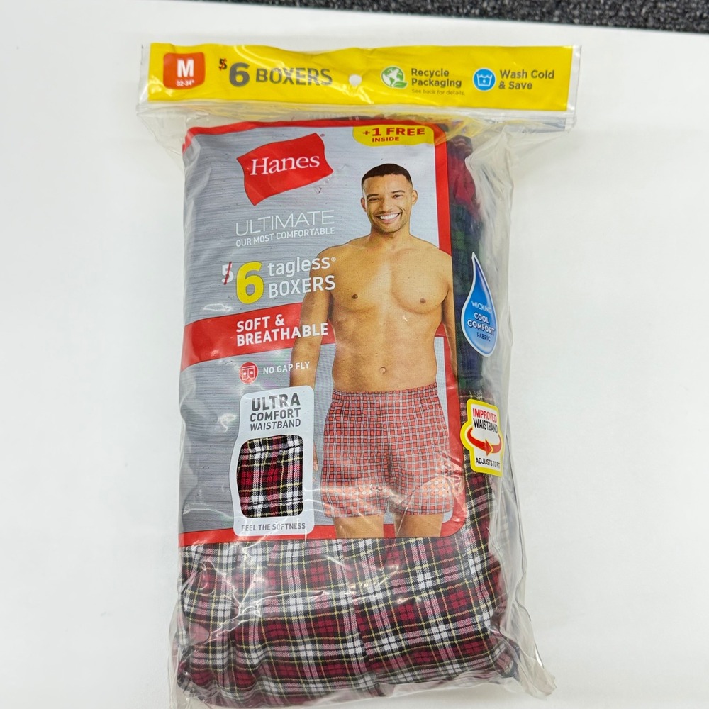 Hanes Ultimate Mens Tagless Boxers 5+1 Bonus Pack Plaid Assorted Size Medium 7Pk